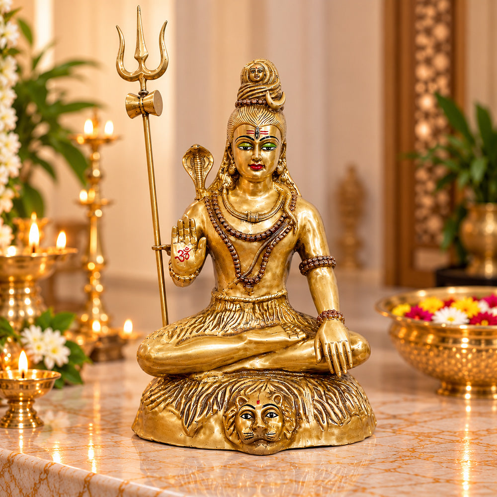 31 Inch Large Brass Lord Shiva Statue - Seated Idol with Trishul & Snake