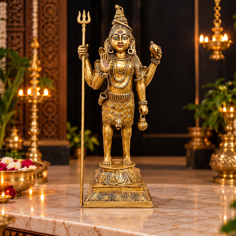 40 Inch Brass Standing Lord Shiva Statue - Idol with Trishul & Damaru