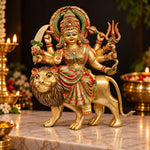 23 Inch Intricate Brass Durga Statue on Lion - Multi-Armed Goddess Idol