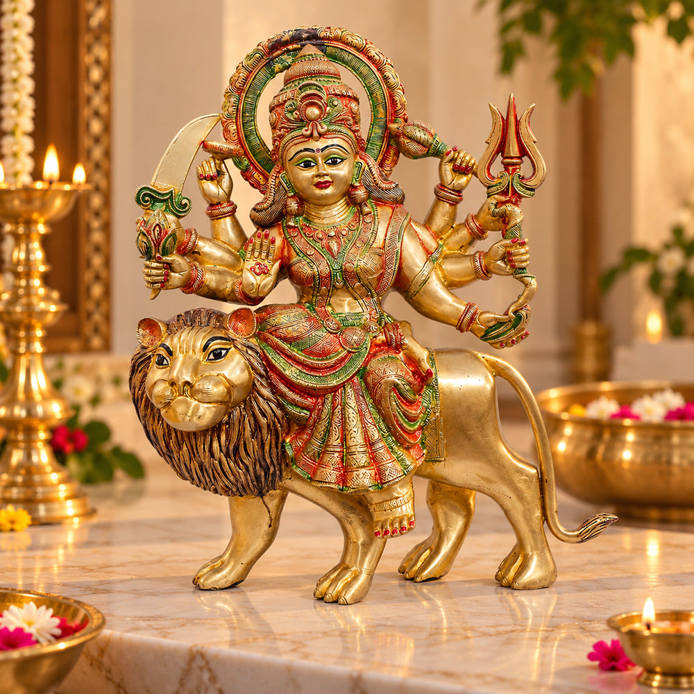 23 Inch Intricate Brass Durga Statue on Lion - Multi-Armed Goddess Idol