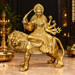 43 Inch Brass Durga Riding Lion Statue - Multi-Armed Goddess Idol with Sword & Trident