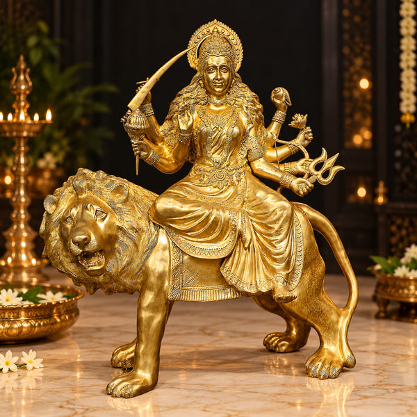 43 Inch Brass Durga Riding Lion Statue - Multi-Armed Goddess Idol with Sword & Trident
