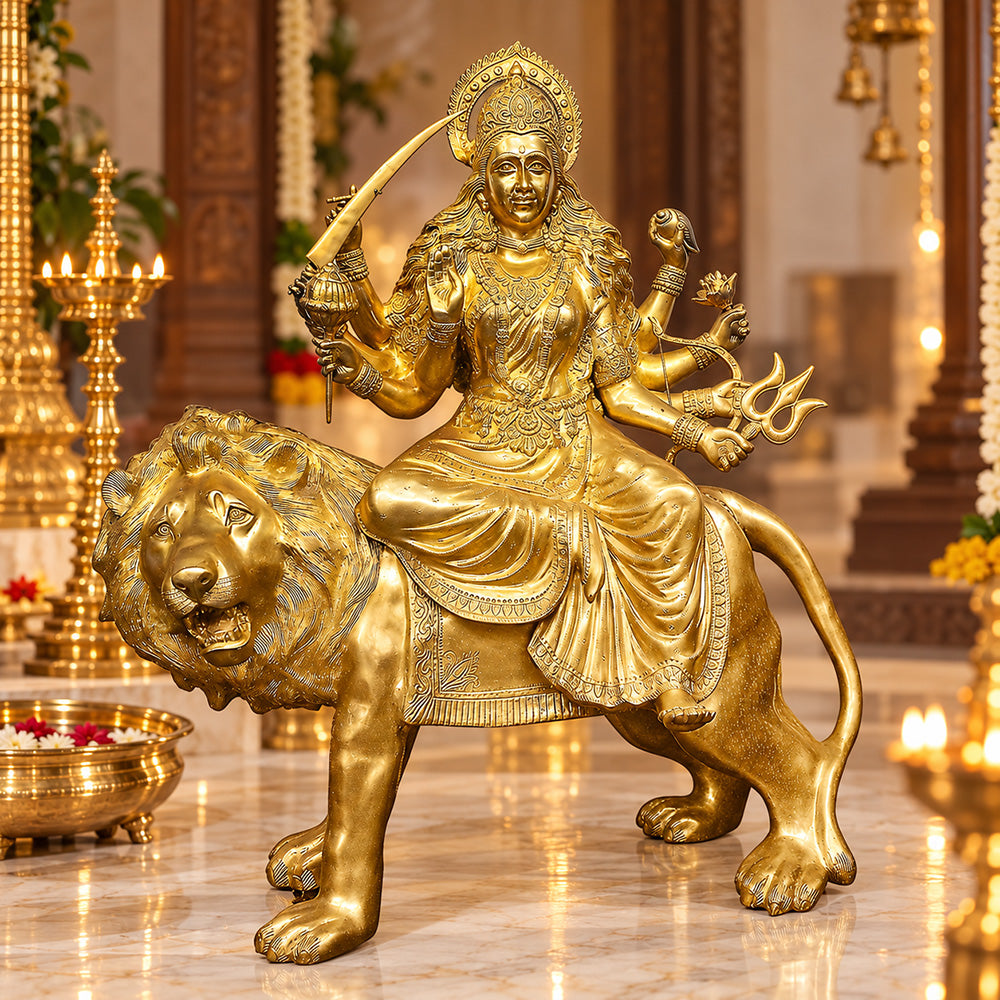 43 Inch Brass Durga Riding Lion Statue - Multi-Armed Goddess Idol with Sword & Trident