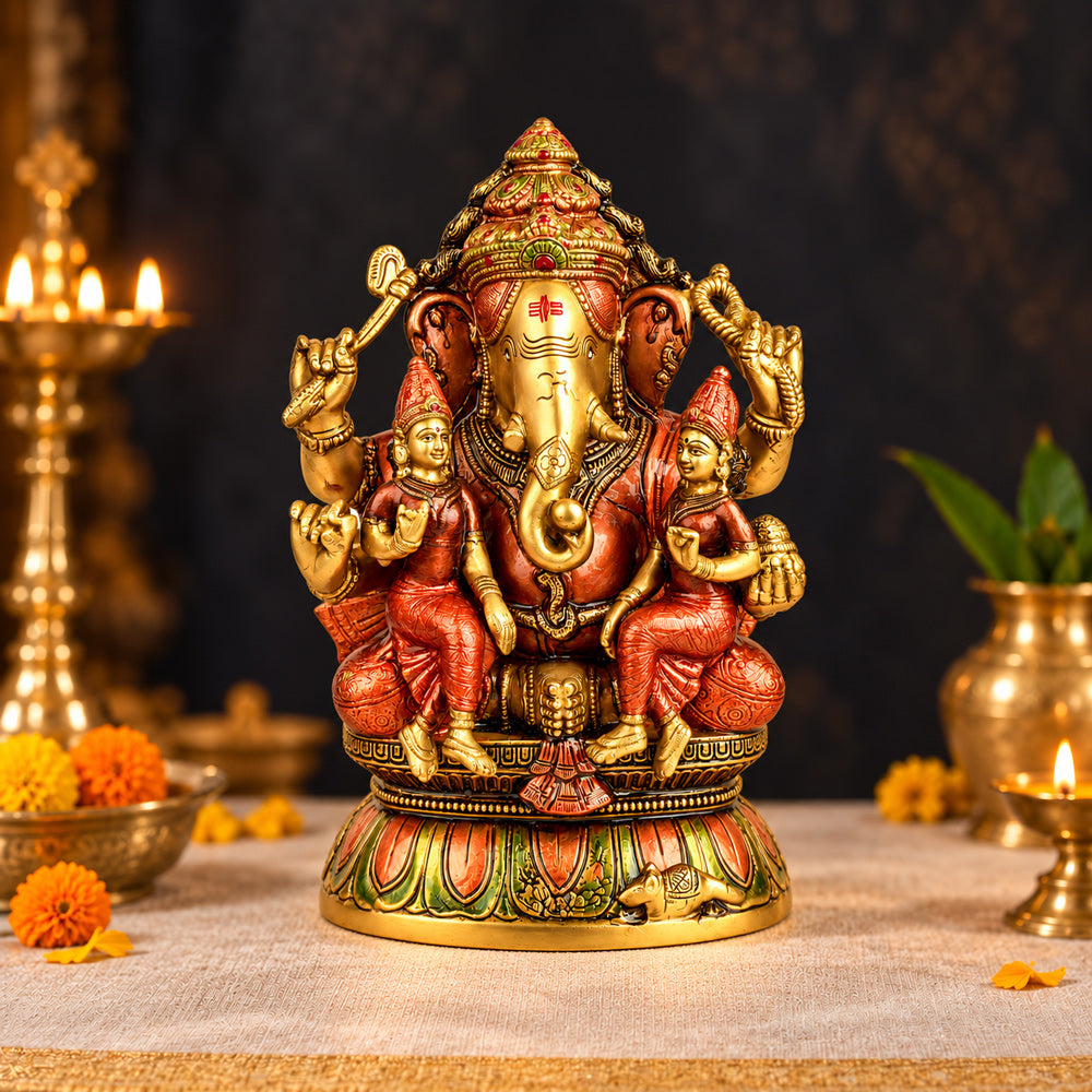 12.8 Inch Lord Ganesha Brass Statue with Riddhi Siddhi