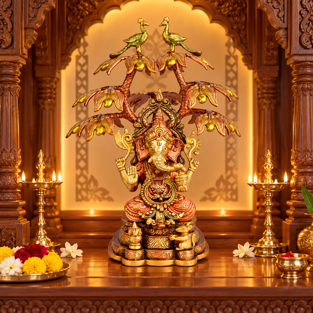 16.5 Inch Lord Ganesha with Peacock Tree Brass Idol