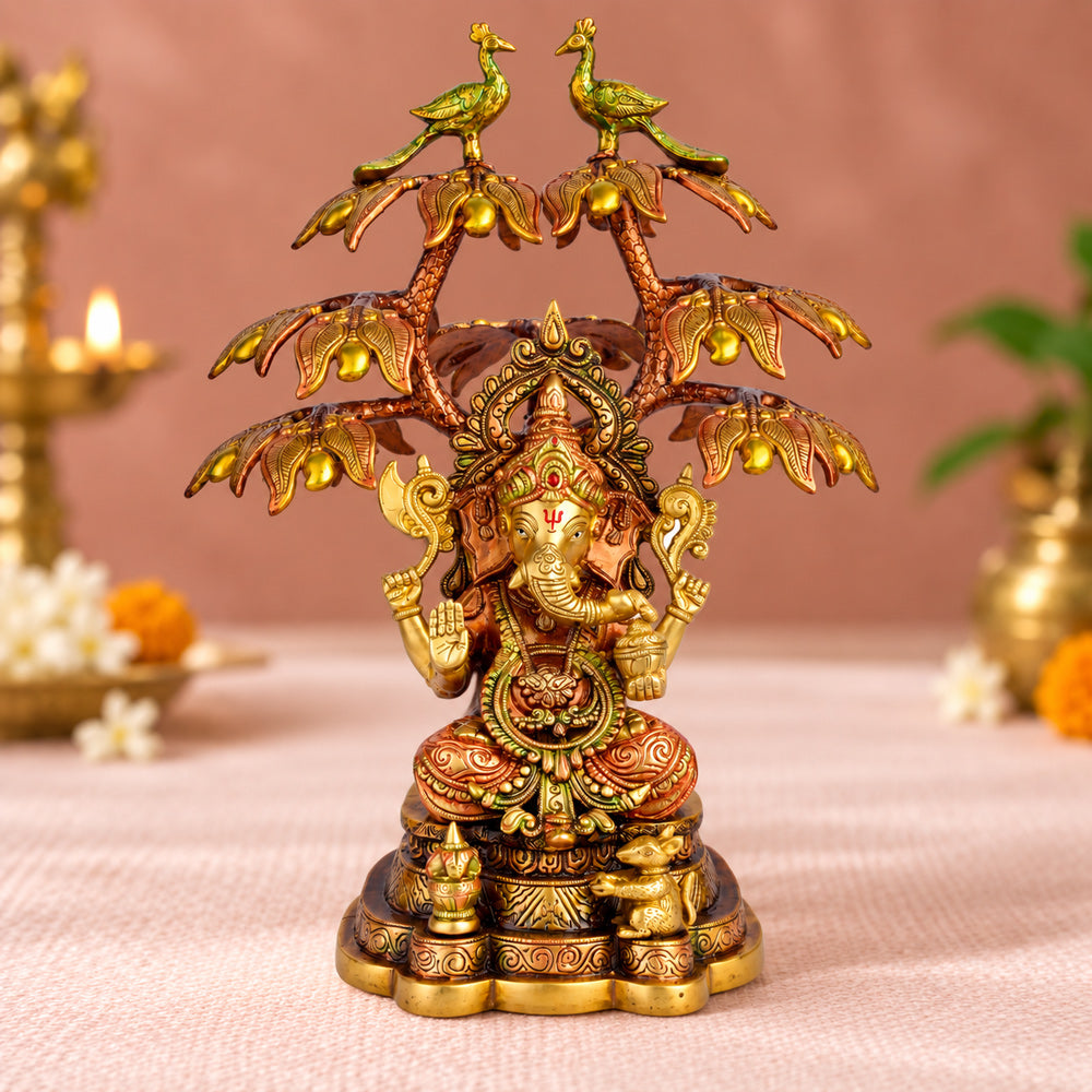 16.5 Inch Lord Ganesha with Peacock Tree Brass Idol