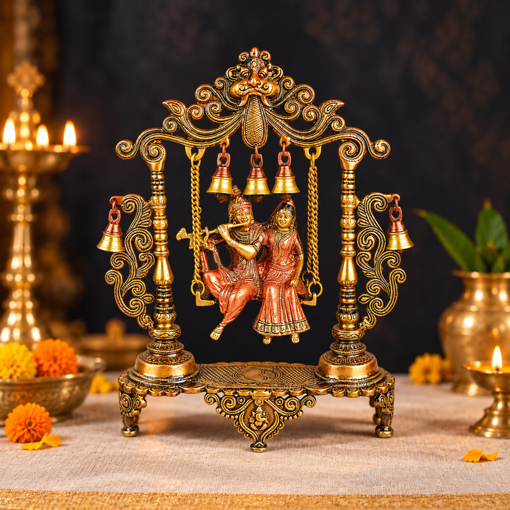 18.1 Inch Pure Brass Large Radha Krishna Swing Jhoola