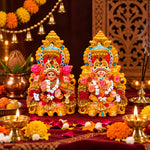 Stone Studded Clay Laxmi Ganesh Idols with Golden Throne