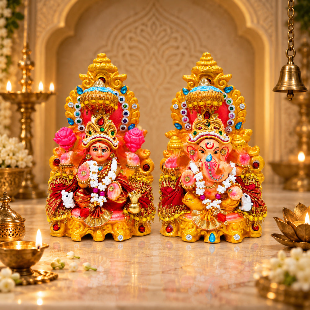 Stone Studded Clay Laxmi Ganesh Idols with Golden Throne