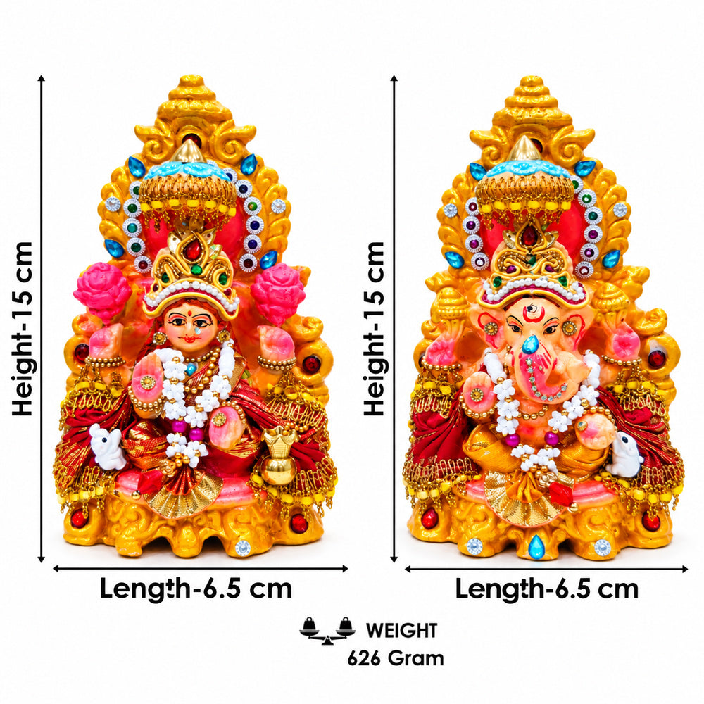 Stone Studded Clay Laxmi Ganesh Idols with Golden Throne