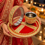 Designer Red Velvet Fabric Karwa Chauth Thali 3 Pcs Set