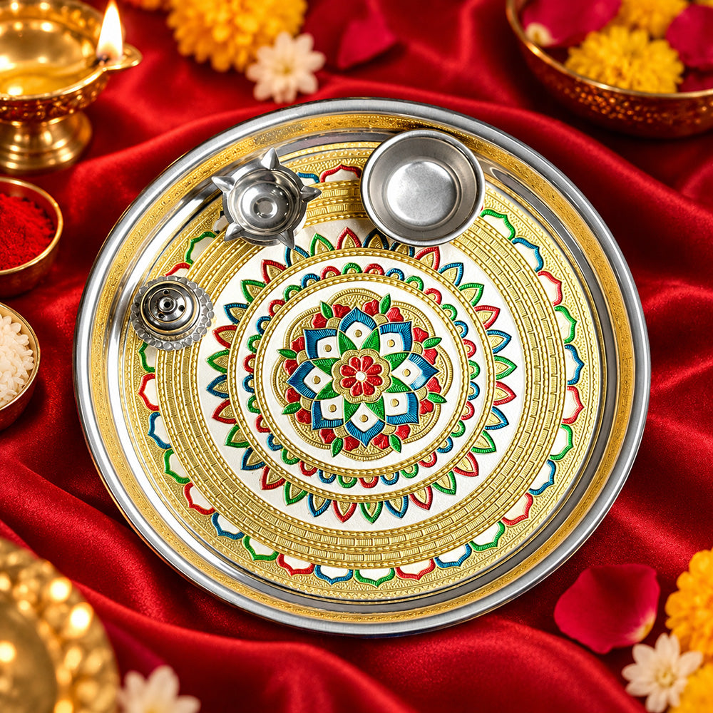 Stainless Serenity - Elegant Printed Pooja Aarti Thali Set