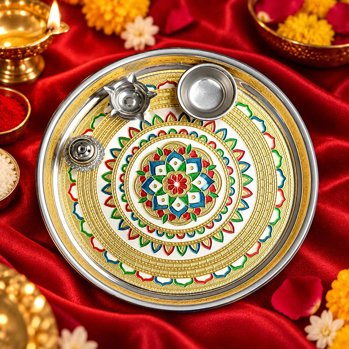 Stainless Serenity - Elegant Printed Pooja Aarti Thali Set
