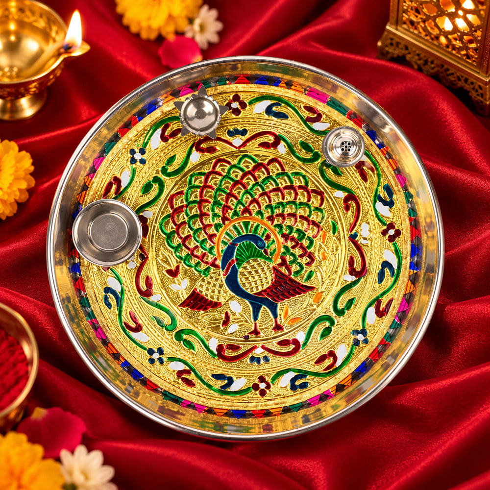 Stainless Steel Peacock Printed Pooja Thali Set