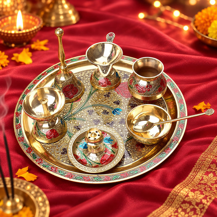 Ravishing 8 Pc Brass Puja Thali Set with Premium Velvet Box (10 Inch)