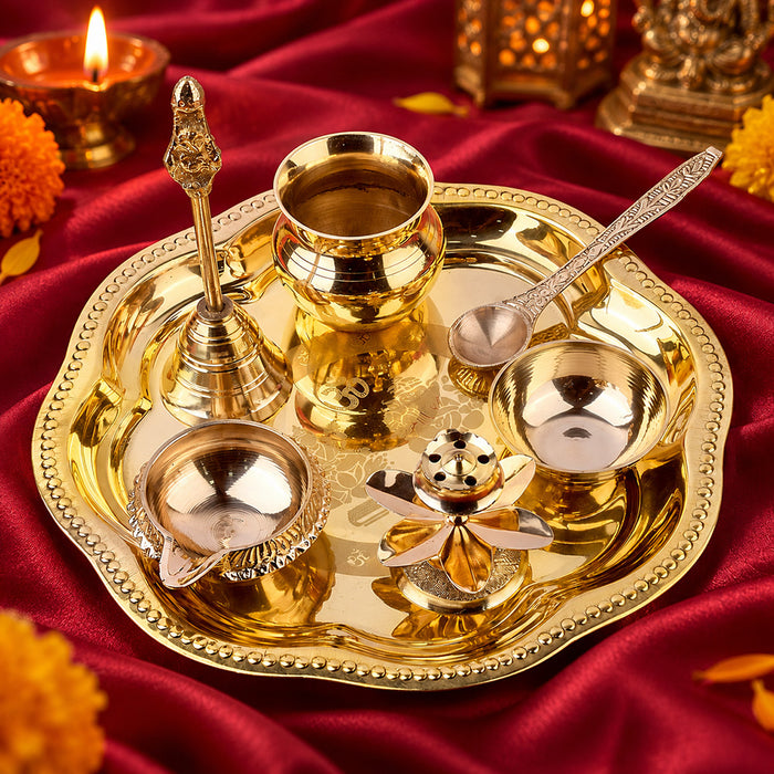 7 Piece Brass Om Laxmi Ganesh Pooja Thali Set (7.5 Inch - 8 Inch) Design 2