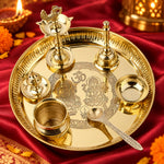 7 Piece Brass Laxmi Ganesh Pooja Thali Set (9 Inch) Design 3