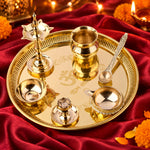 7 Piece Brass Om Shubh Labh Pooja Thali Set (9 Inch - 10 Inch) Design 5