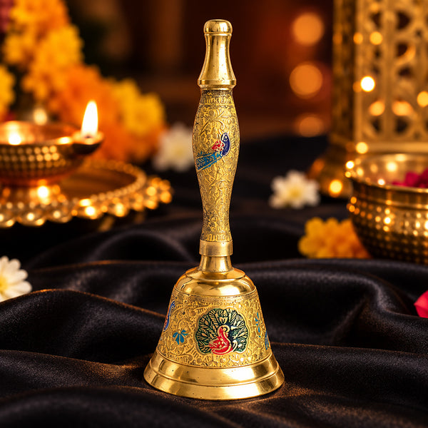 7 Inch Handcrafted Meenakari Brass Puja Bell (yellow)