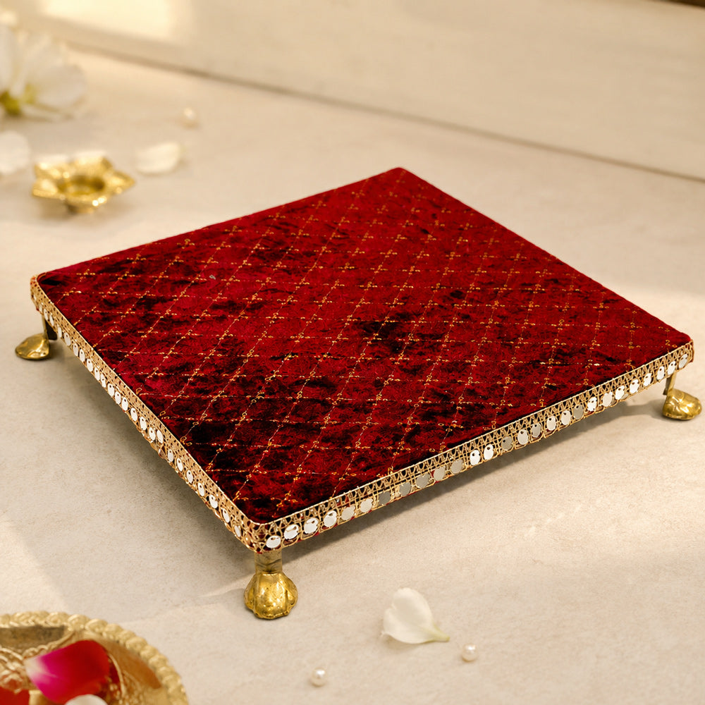 Handcrafted Red Velvet Wooden Pooja Chowki with Mirror Lace