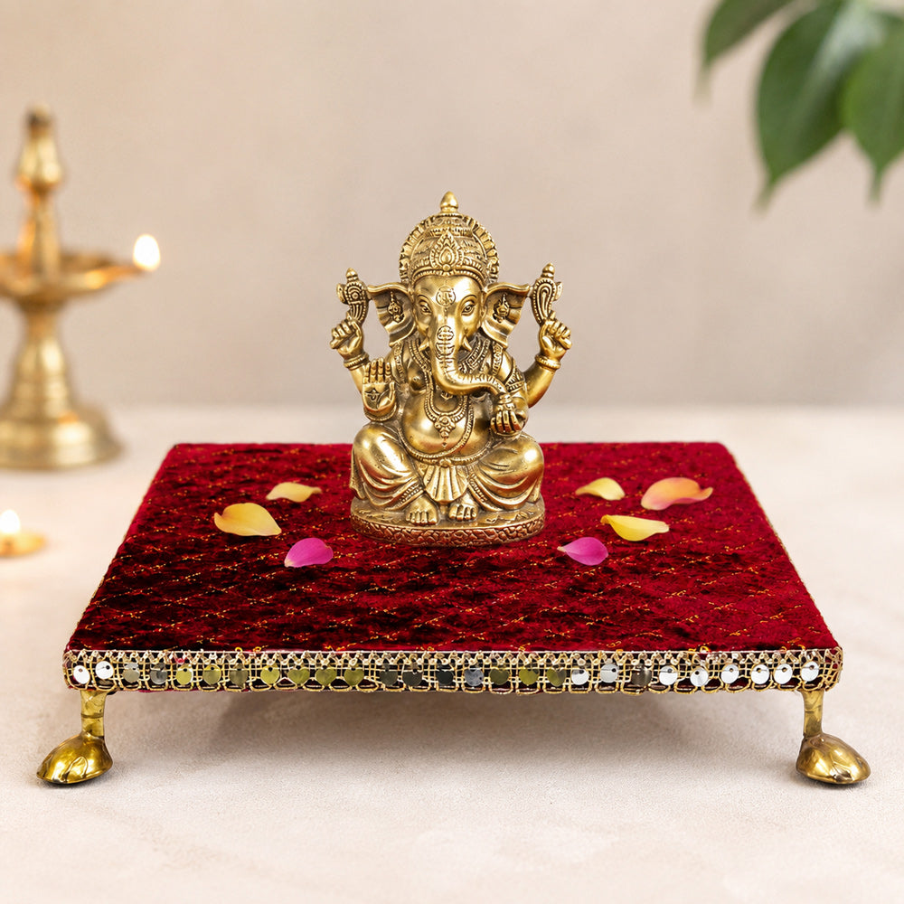 Handcrafted Red Velvet Wooden Pooja Chowki with Mirror Lace