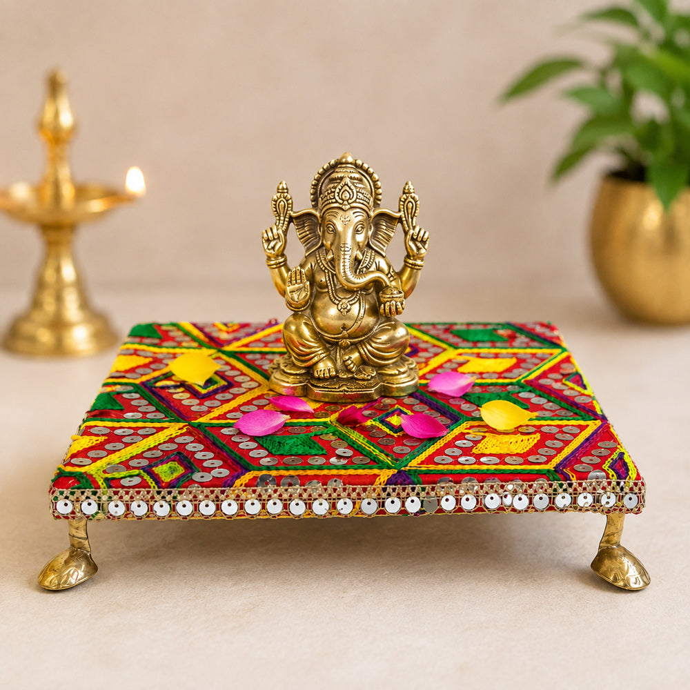 Colorful Ethnic Square Pooja Chowki for Home Temple Decor