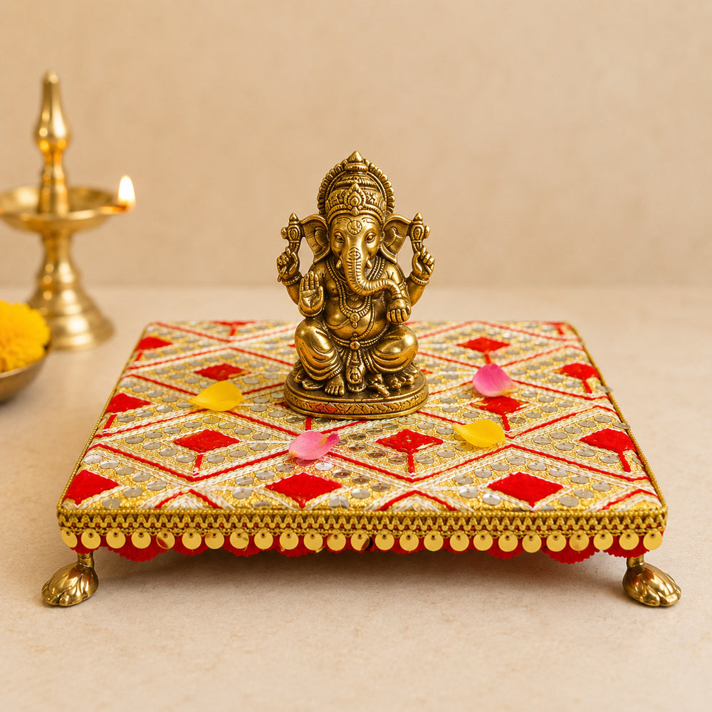 Handcrafted Red & Gold Geometric Embroidered Pooja Chowki