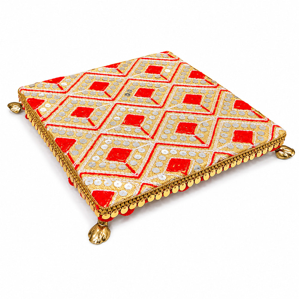 Handcrafted Red & Gold Geometric Embroidered Pooja Chowki