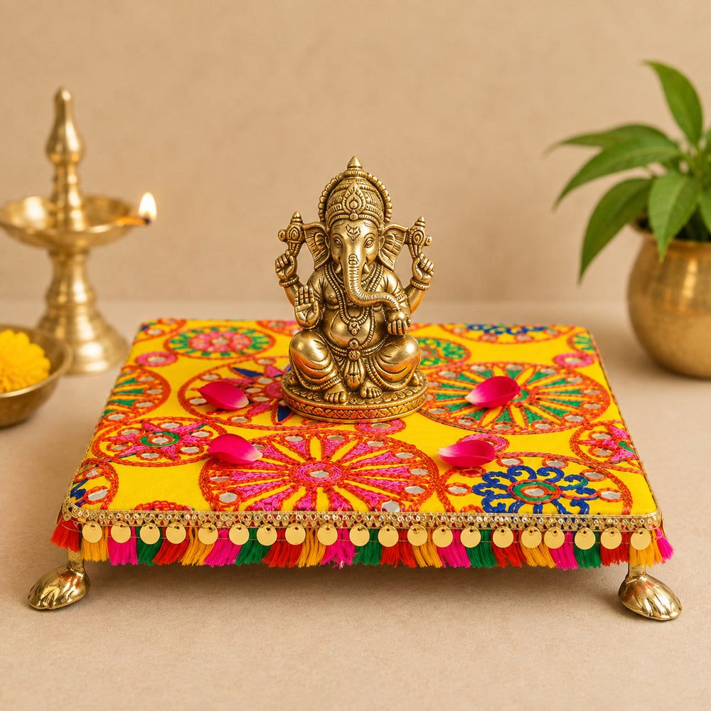 Premium Handcrafted Yellow Fabric Wooden Pooja Chowki