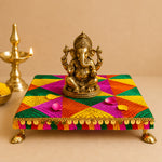 Hand Embroidered Multi-Tone Wooden Pooja Chowki