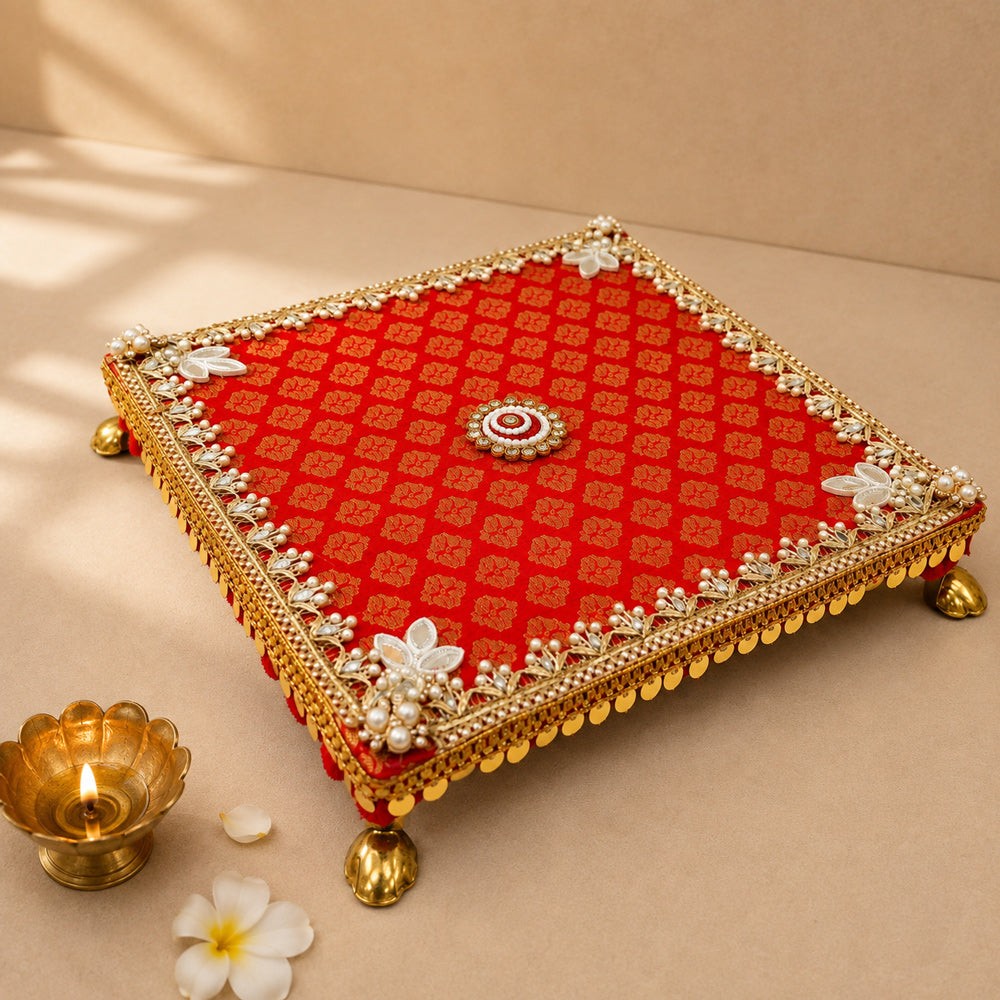 Royal Rani Red Brocade Pooja Chowki for Home Mandir