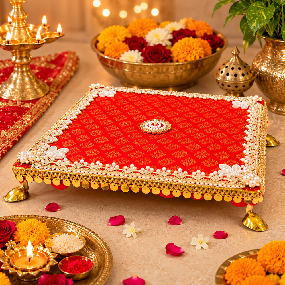 Royal Rani Red Brocade Pooja Chowki for Home Mandir