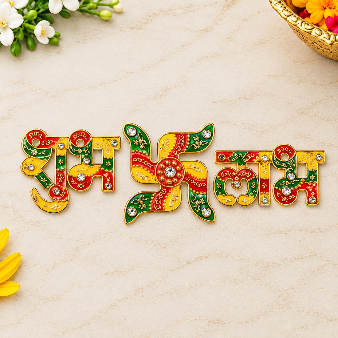 Traditional Multi Color Enameled Shubh Labh & Swastic Stickers