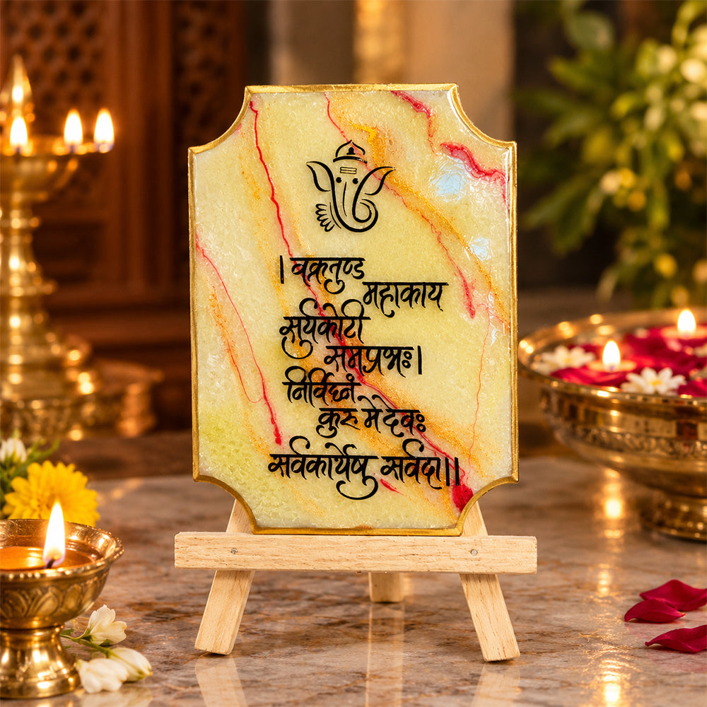 Decorative Ganesha Mantra Frame With Stand Made With Epoxy (Green)