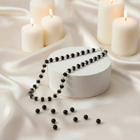 Government certified Karungali mala with silver-plated capping, designed for spiritual protection, meditation, and positive energy. India’s Premium Jap Mala Store - www.satvikstore.in