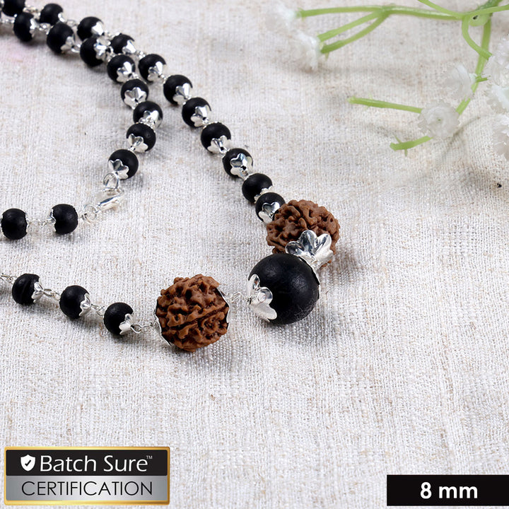 Govt. certified 8mm silver-plated Karungali mala with natural Rudraksha and Karungali beads, traditional spiritual prayer necklace for daily wear. India’s Largest Puja Accessories Brand- www.satvikstore.in