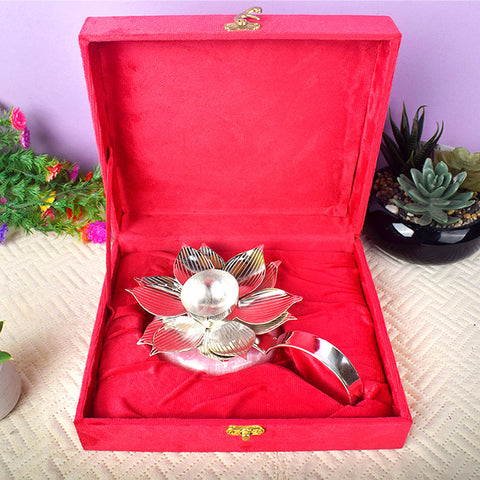Graceful Silver Lotus Handle Diya with Resin Base – Traditional Decorative Oil Lamp for Pooja and Festive Worship. India’s Largest Brass Idols Brand - www.satvikstore.in