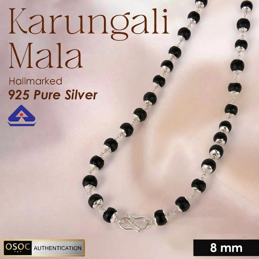 Hallmarked 925 pure silver government-certified Karungali mala, designed for spiritual protection, healing, and meditation. India’s Premium Jap Mala Store - www.satvikstore.in