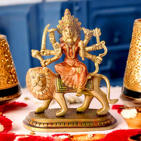 8.6 Inch Handcrafted Brass Sherawali Mata Idol – Perfect for Navratri Puja, Home Mandir, and Spiritual Decor.India's Largest Puja Accessories Brand - Satvik No. 1 Brass Idol Collection 