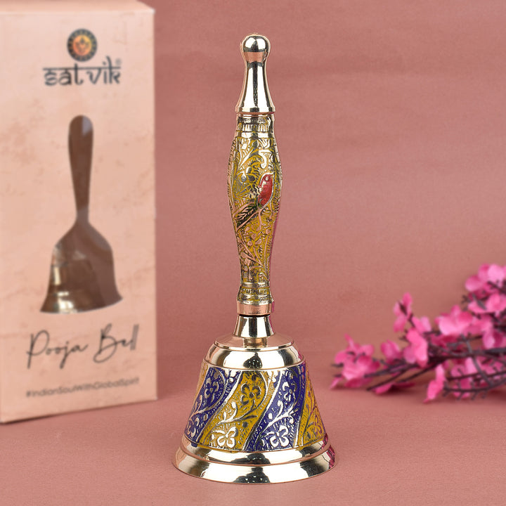 Handcrafted yellow and blue brass puja bell designed for devotional rituals, blending traditional craftsmanship with vibrant spiritual aesthetics. India’s Largest Pooja Accessories Brand – www.satvikstore.in