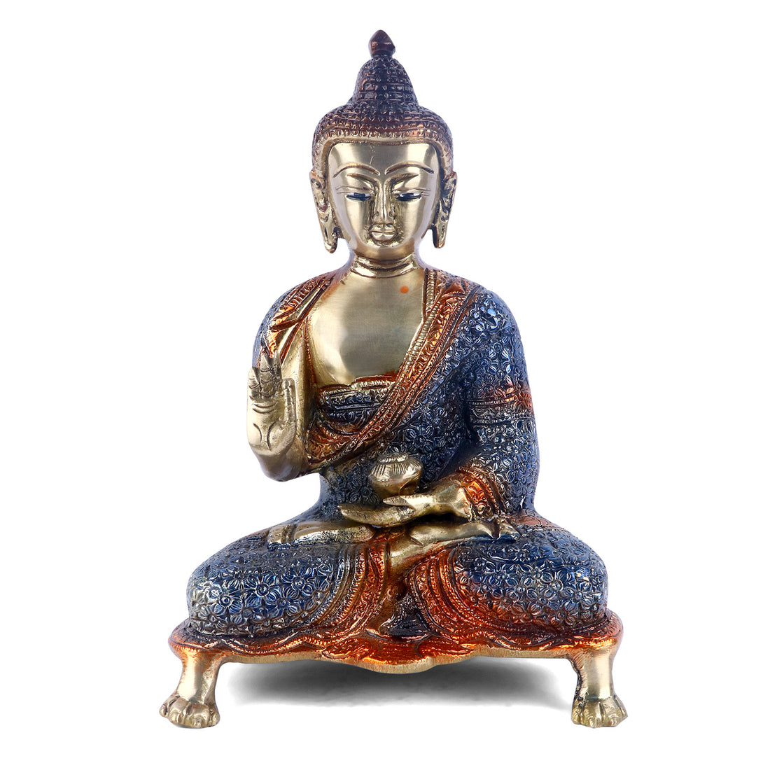 8.3 Inch Contemplative Brass Colorful Buddha Idol Blue