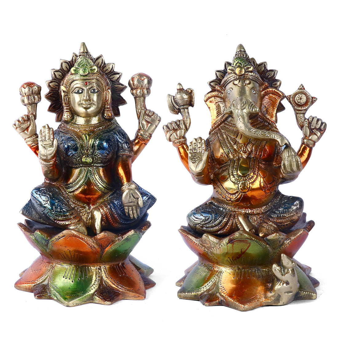 Laxmi Ganesh colorful Murti, which is constructed of virgin-quality brass for persistent use, is a symbol of successful marriages, happiness, and tranquility in relationships. Handmade items created by Indian artisans using contemporary design. Ideal as a gift for an anniversary, wedding, reception, office party, housewarming, home inauguration, or as a farewell present.