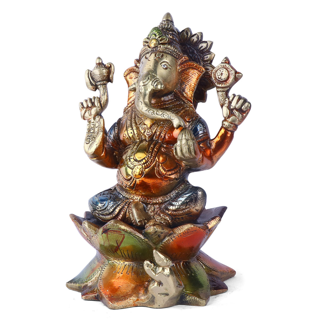 Laxmi Ganesh colorful Murti, which is constructed of virgin-quality brass for persistent use, is a symbol of successful marriages, happiness, and tranquility in relationships. Handmade items created by Indian artisans using contemporary design. Ideal as a gift for an anniversary, wedding, reception, office party, housewarming, home inauguration, or as a farewell present.