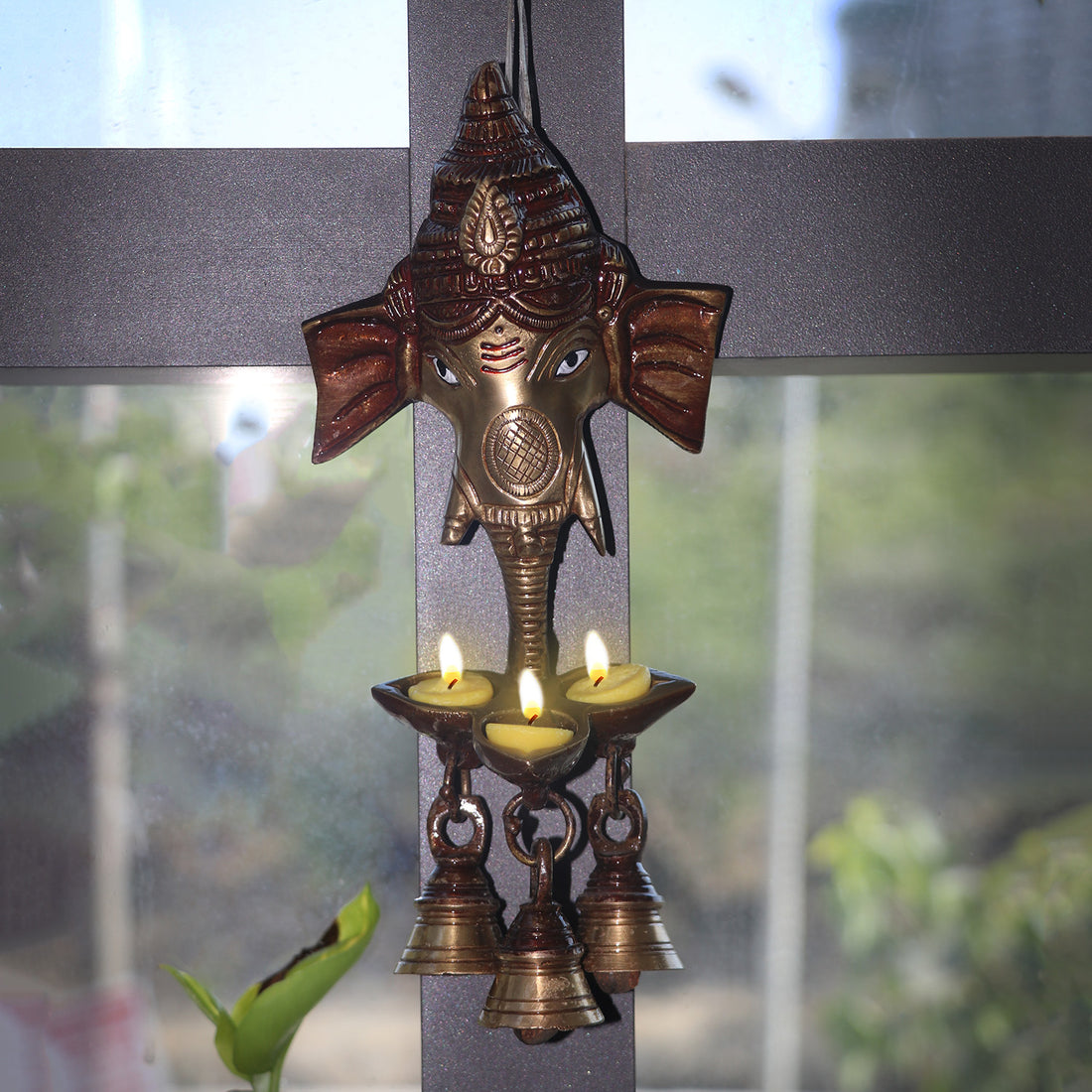 8.8 Inch Brass Ganesh With Bell And Diya Wall Hanging