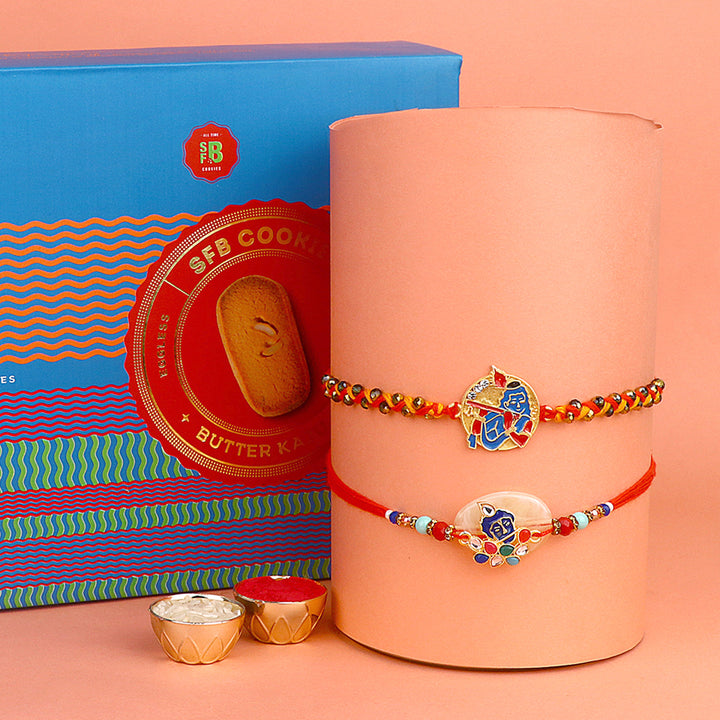 Image of a beautifully designed Rakhi with sweets, the perfect combination of tradition and sweetness for Raksha Bandhan celebration. Shop now at SatvikStore.in. #Rakhi #RakhiOnline #SendRakhi #DesignerRakhi #BeautifulRakhi #LatestRakhi #NewRakhi #ModernRakhi"