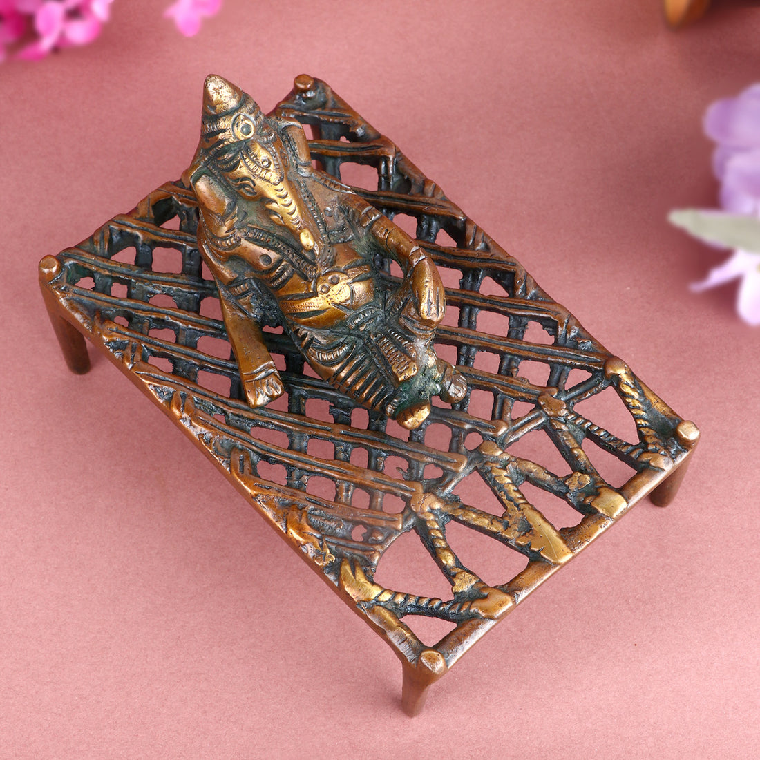 3.3 Antique Brass Ganesha Relaxing On Charpoy