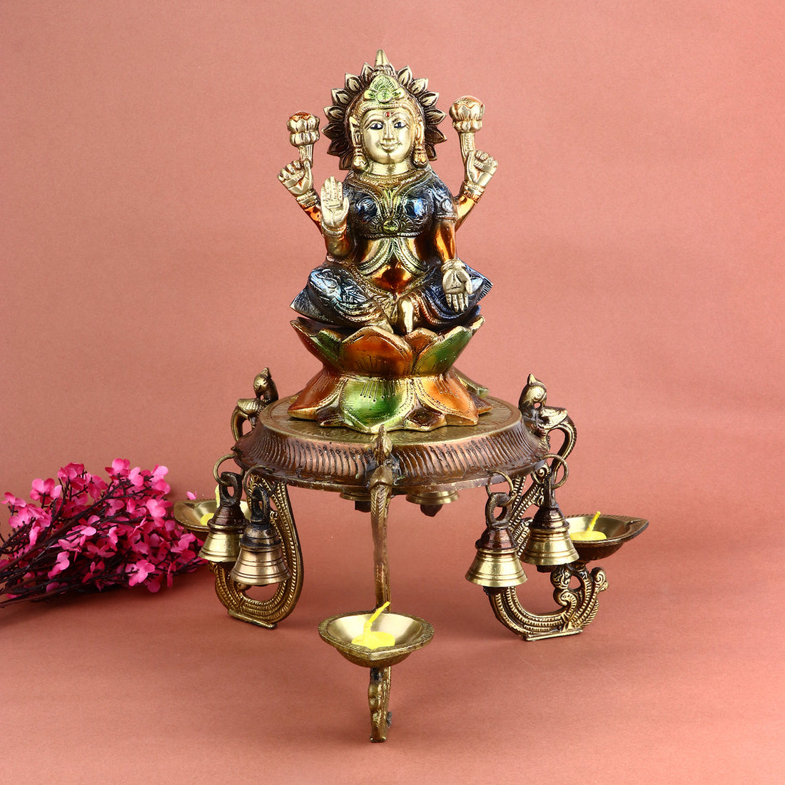 6.1 Inch Decorative Brass Chowki With Diya and Bell