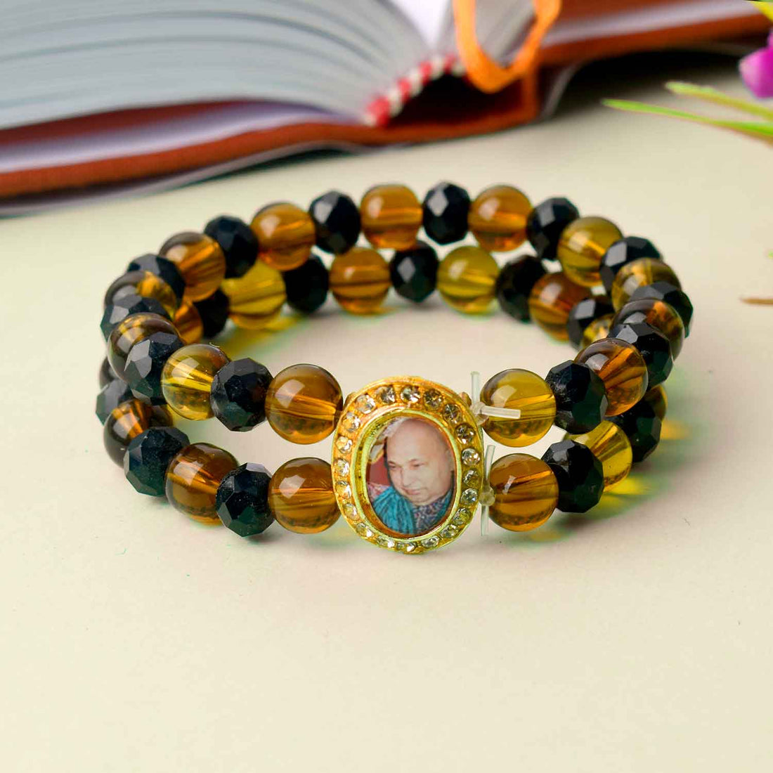 Jai Guruji Swaroop Bracelet with black and brown spiritual beads, handcrafted for divine grace and daily spiritual wear. India’s Largest Pooja Accessories Brand – www.satvikstore.in