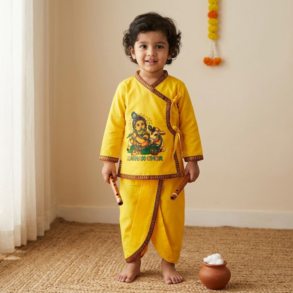 Size 2 Makhan Chor Yellow Krishna Dress with Pink Border