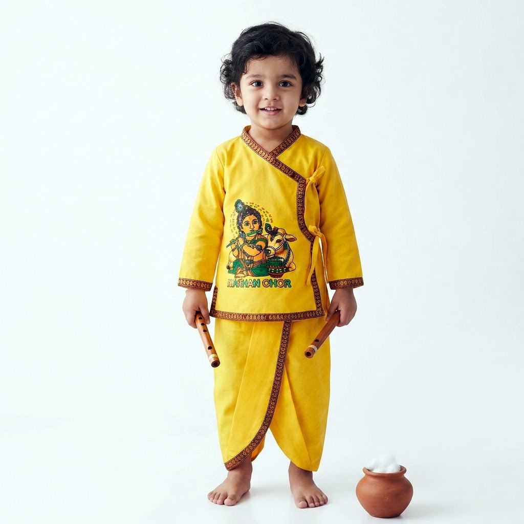 Size 2 Makhan Chor Yellow Krishna Dress with Pink Border
